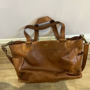 Cognac Leather Fossil Tote with Shoulder Strap